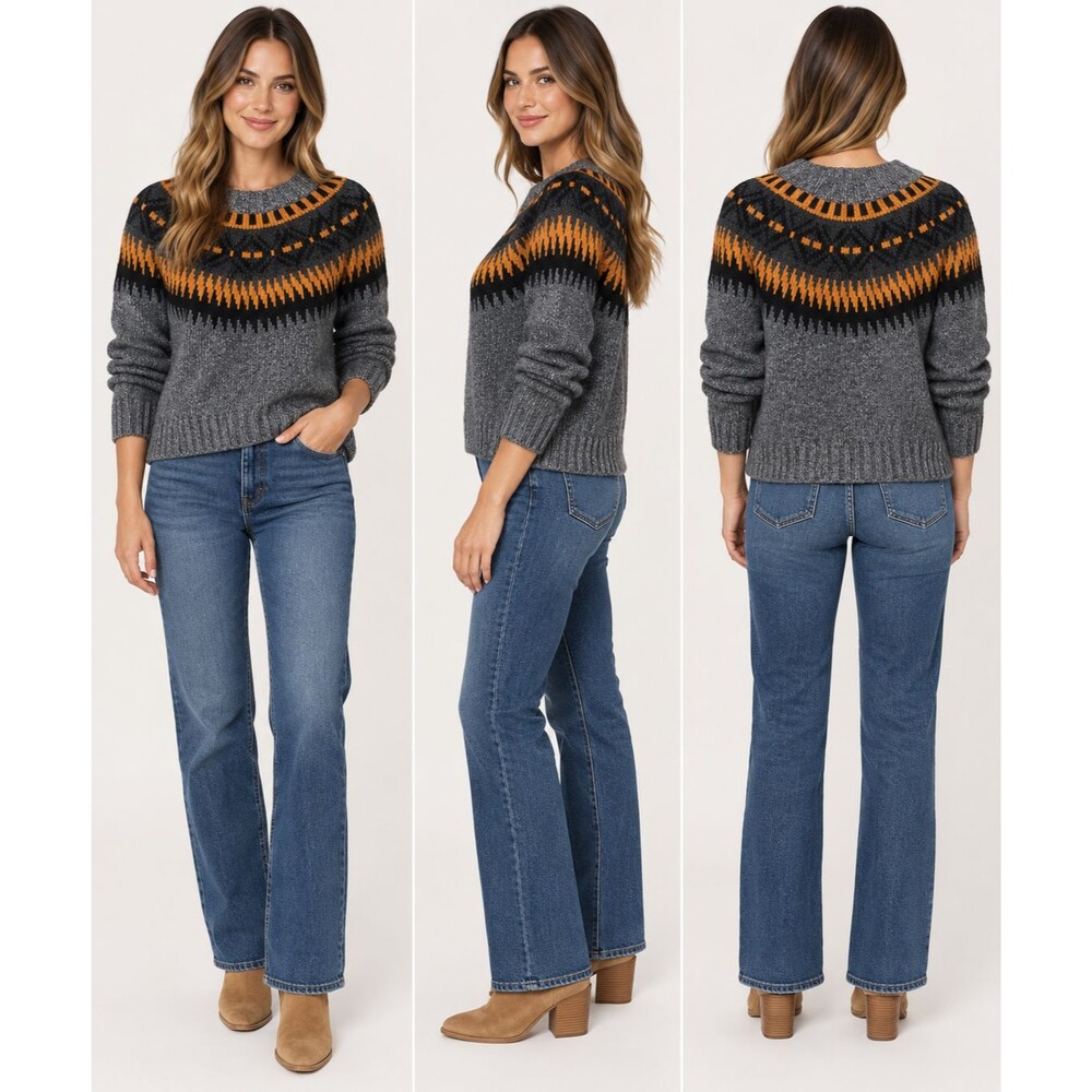 American Eagle Sweater Women’s M Gray Black Orange Fair Isle Nordic Crewneck